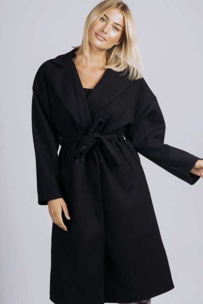 Płaszcz długi wiązany 4guziki – UNI, Czarny