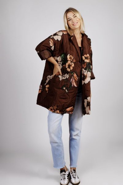 Płaszcz krótki kwiaty – UNI, Czekolada