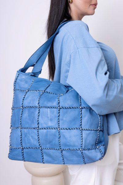 Plecakotorba wyszywane kwadraty – Niebieski, Duży