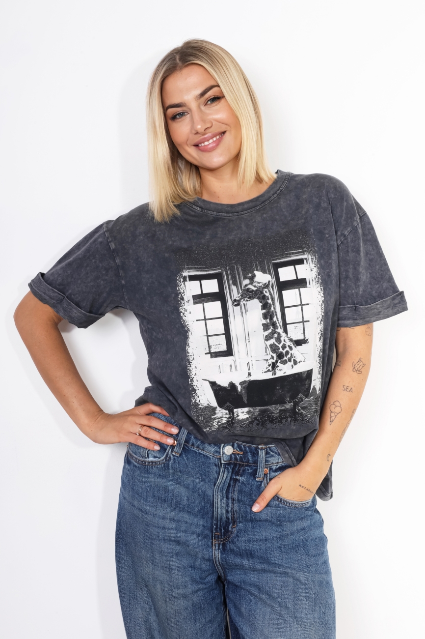 T-shirt dekatyzowany żyrafa – Grafit, UNI