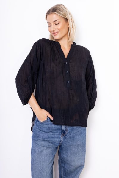 Bluzka gnieciona haftowane kwiatuszki – Czarny, UNI