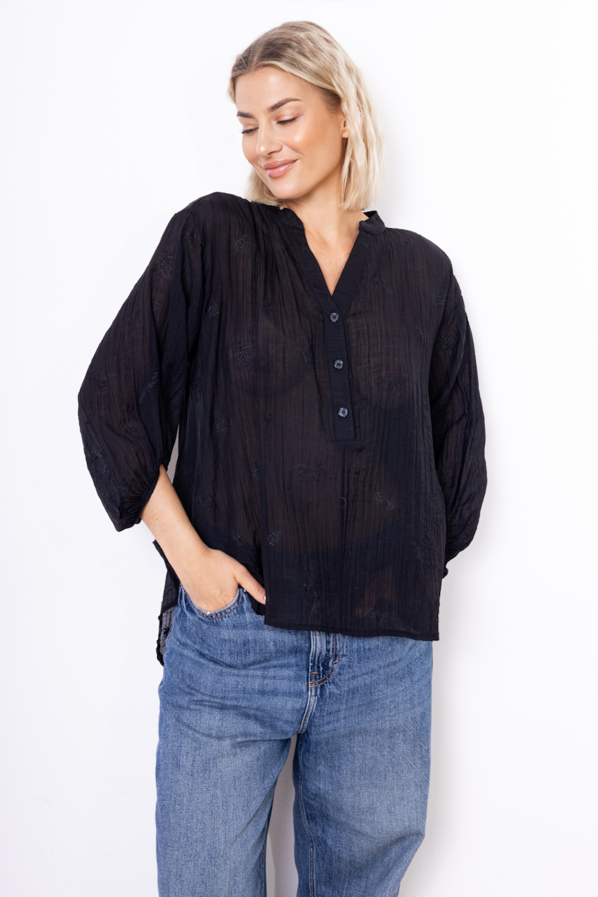 Bluzka gnieciona haftowane kwiatuszki – Czarny, UNI