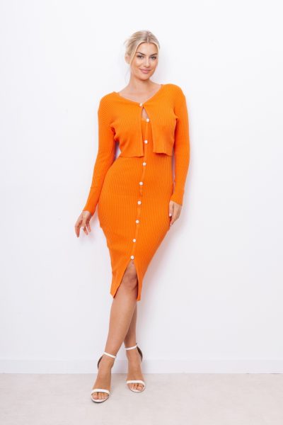 Komplet sukienka/sweterek prążek – Cegła, S/M
