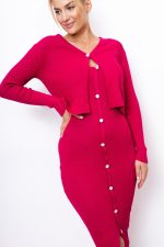 Komplet sukienka/sweterek prążek – Fuksja, M/L