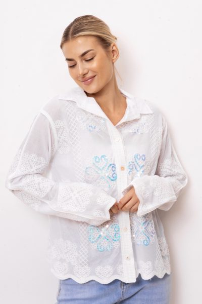 Koszula haftowana cekiny – Biały, M/L