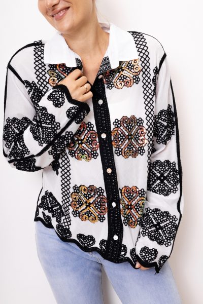 Koszula haftowana cekiny – Czarny, M/L
