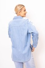 Koszula jeans ramiona gipiura perełki – Niebieski, L/XL