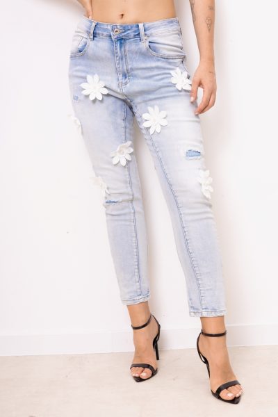 Spodnie jeans białe kwiatki perełka – Jasny niebieski, L