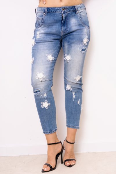 Spodnie jeans przeszycia kwiatki perełki – Niebieski, L