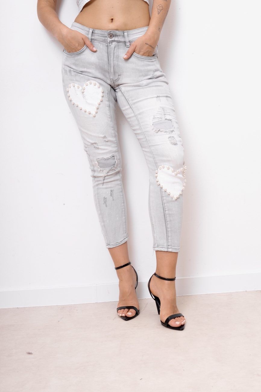 Spodnie jeans serduszka perełki – Jasny szary, S