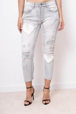 Spodnie jeans serduszka perełki – Jasny szary, XL