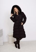 Płaszcz pikowany kaptur futerko – Czarny, 2XL