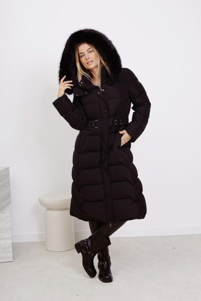 Płaszcz pikowany kaptur futerko – Czarny, 2XL