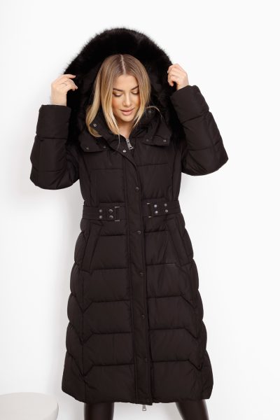 Płaszcz pikowany kaptur futerko – Czarny, 2XL