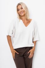 Sweter dekolt V ściągacz – Beż, UNI