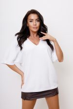 Sweter dekolt V ściągacz – Biały, UNI