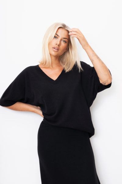 Sweter dekolt V ściągacz – Czarny, UNI