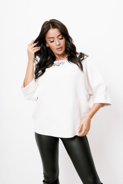 Sweter dekolt broszka kamienie – Ecru, UNI