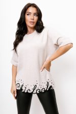 Sweter dół napis kamienie – Beż, UNI