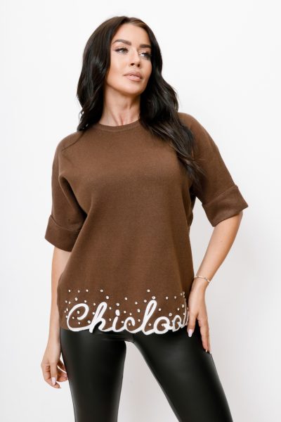 Sweter dół napis kamienie – Czekolada, UNI