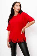 Sweter dół napis kamienie – Czerwony, UNI